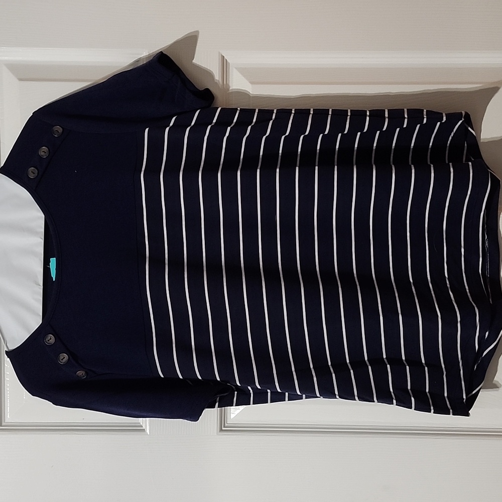 Short sleeve navy and white stripe women's shirt size medium